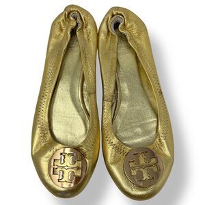 TORY BURCH Reva Gold Leather Flat Ballet Ballerina Shoes with T-Logo Women's 8.5